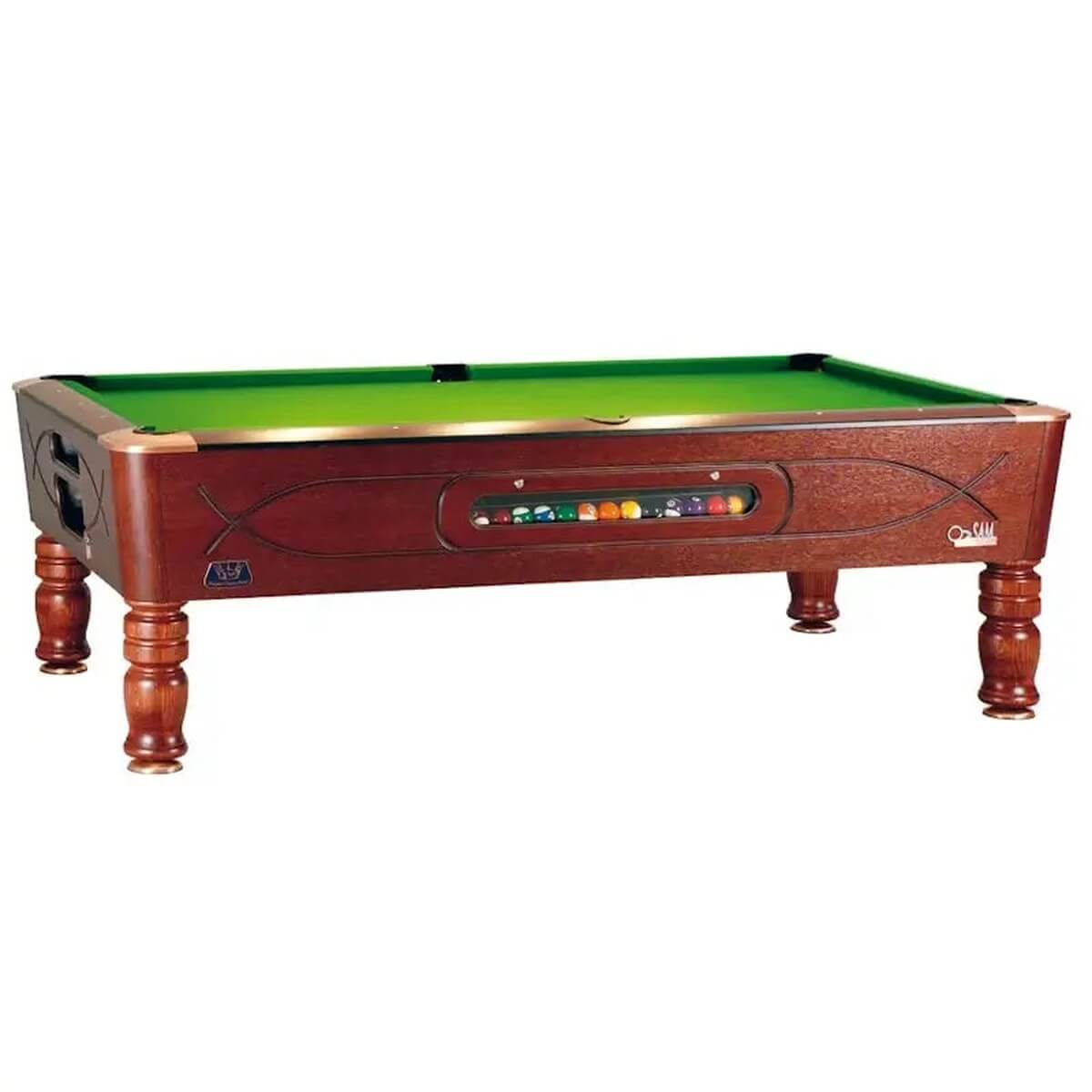 SAM Royal Class American pool table with green cloth and carved legs