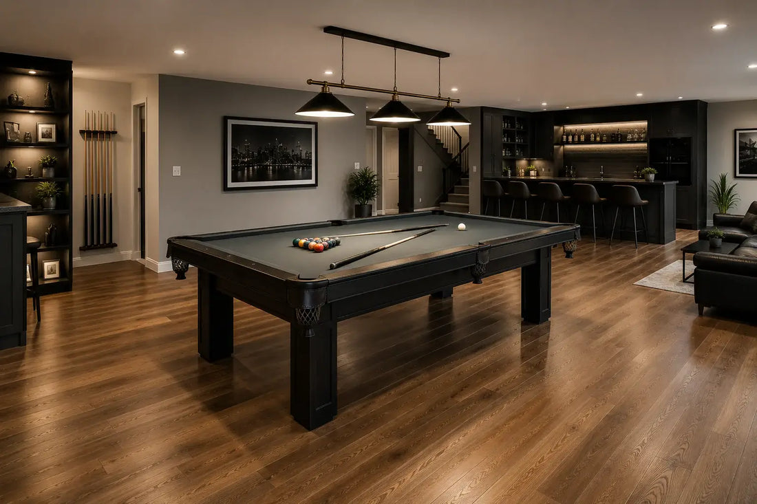Pool table installed on hardwood flooring in a modern home games room
