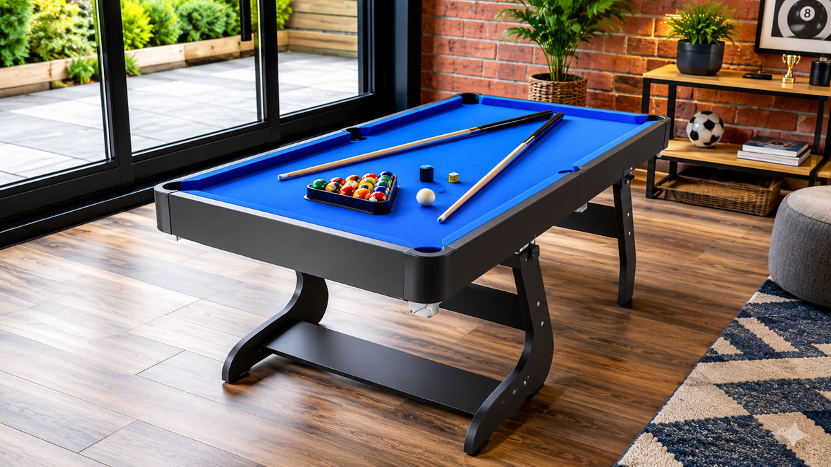 Small freestanding mini pool table in a contemporary home games room