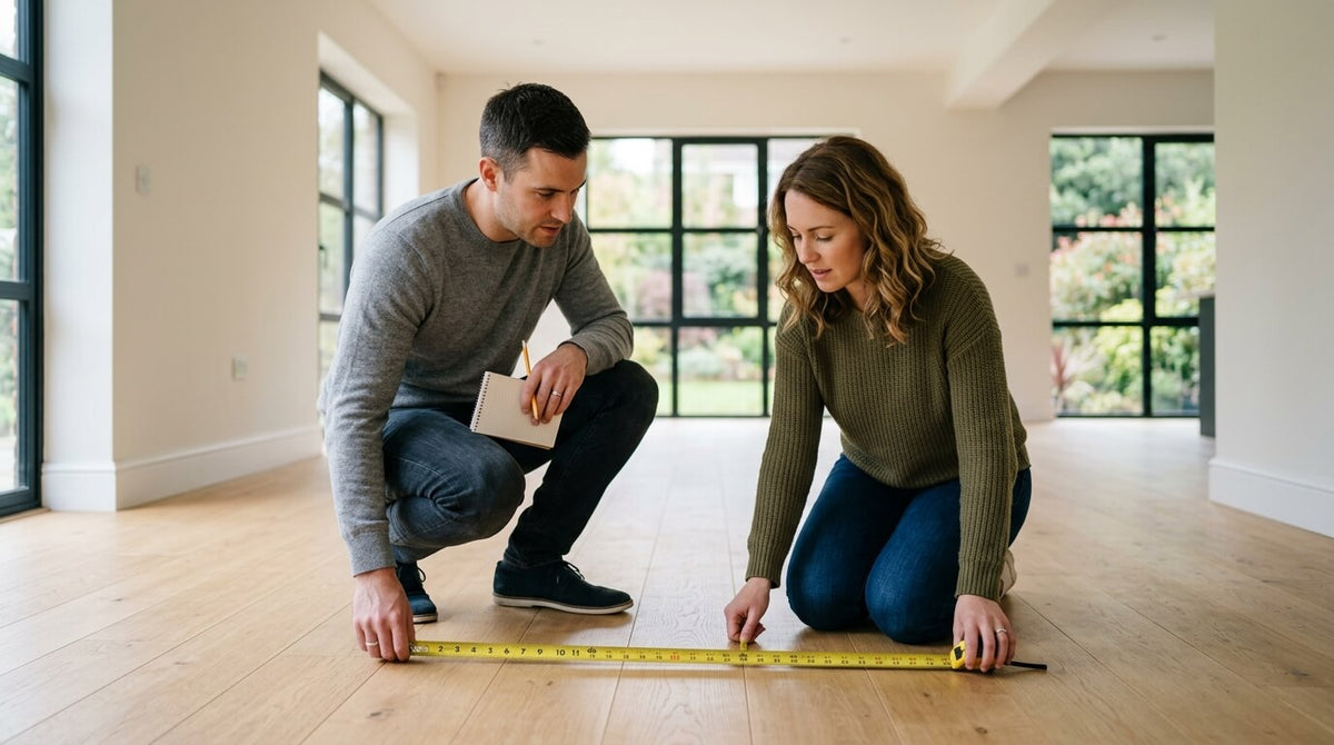 Couple measuring an empty room with a tape measure to plan for a pool table