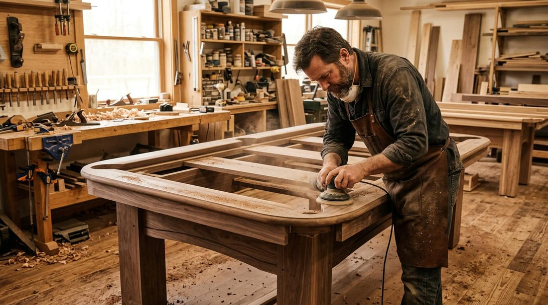 Craftsman sanding the hardwood frame of a pool table in a workshop