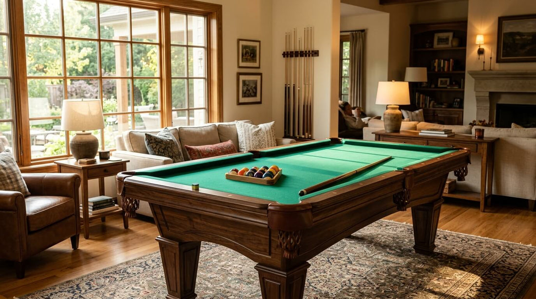 Pool table with a walnut cabinet and green cloth in a sunlit family home