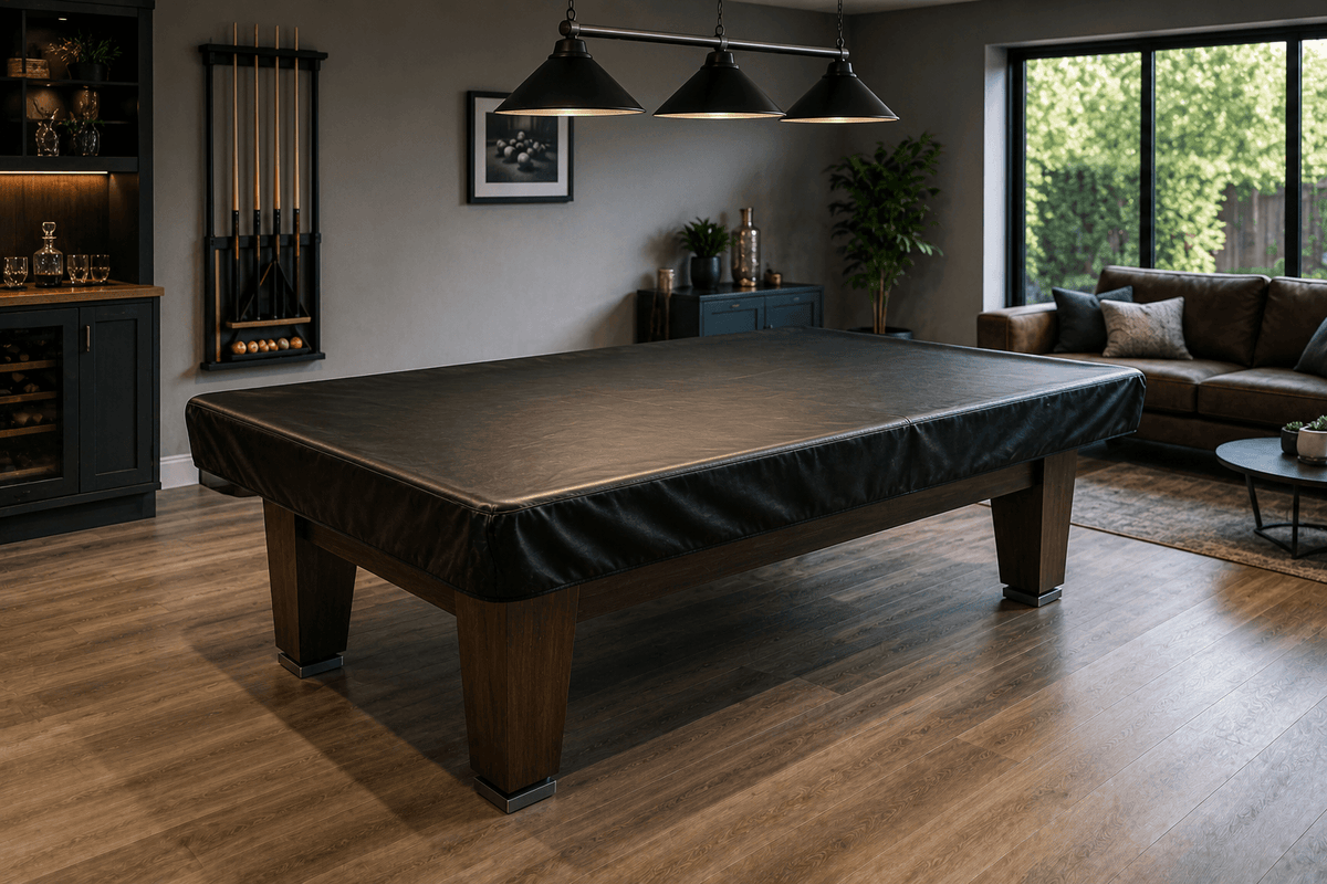 Modern slate pool table protected with a fitted cover in a home games room