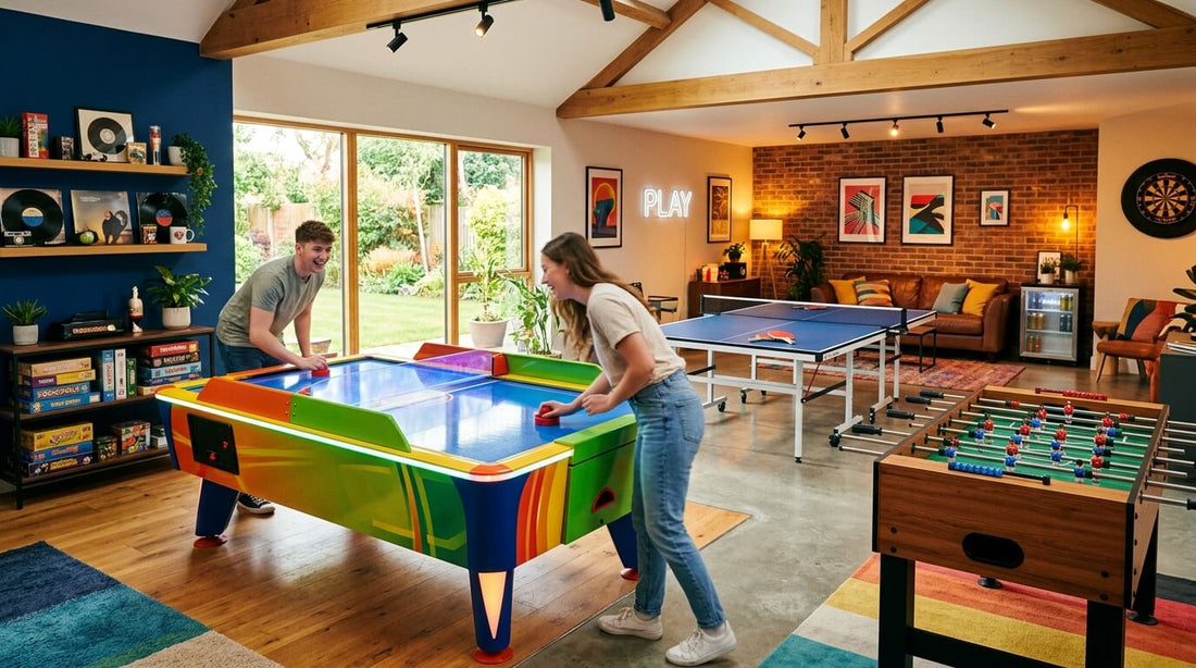 Games room with an air hockey table, table tennis table and football table