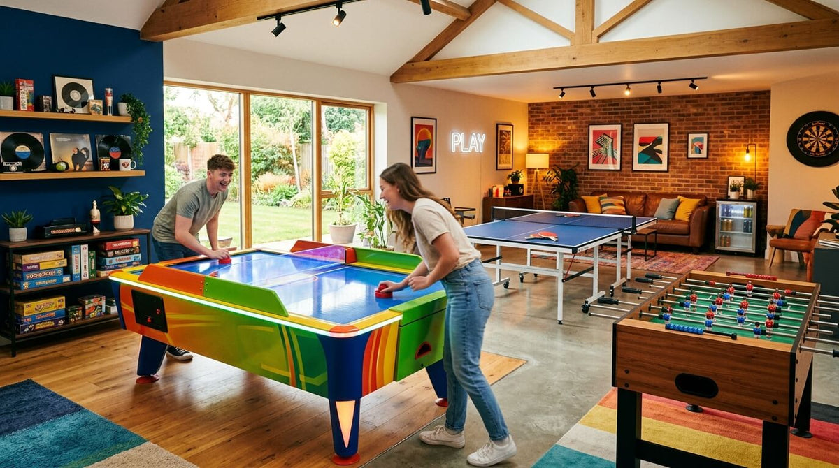 Games room with an air hockey table, table tennis table and football table
