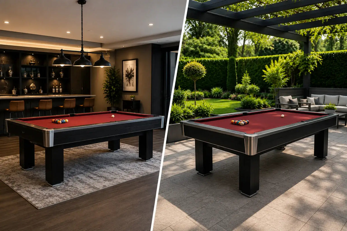 Indoor and outdoor pool tables in home entertainment spaces