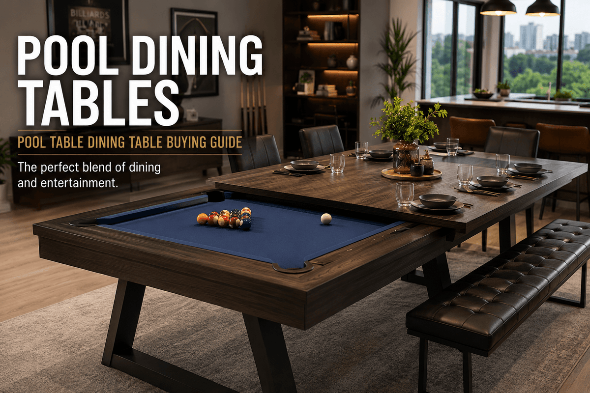 Modern slate pool dining table with removable dining tops in a stylish open-plan home