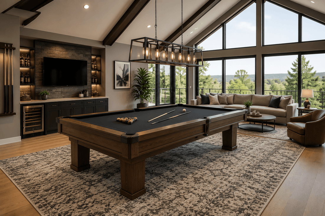 Luxury modern games room featuring a walnut pool table and stylish seating area