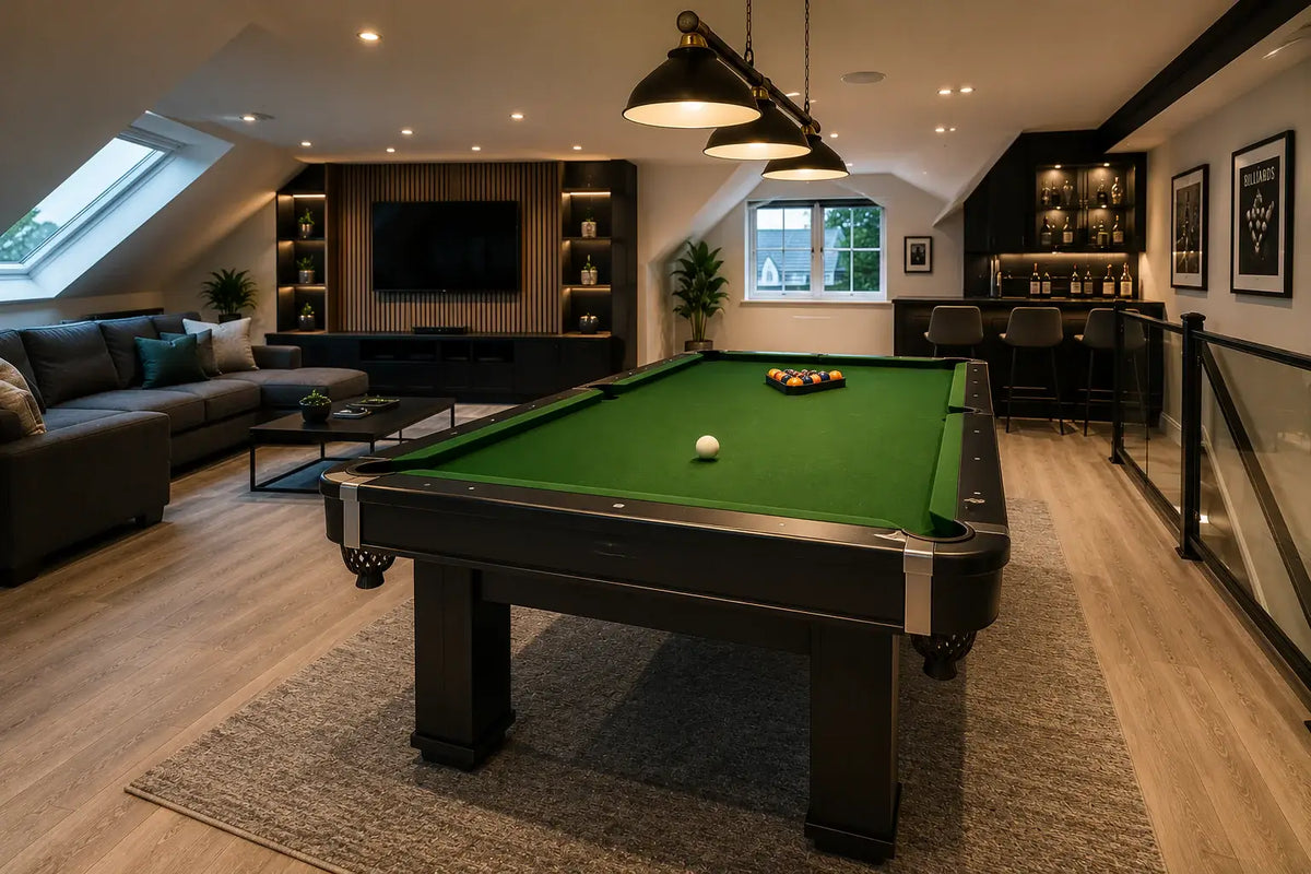 Pool table installed in an upstairs home games room