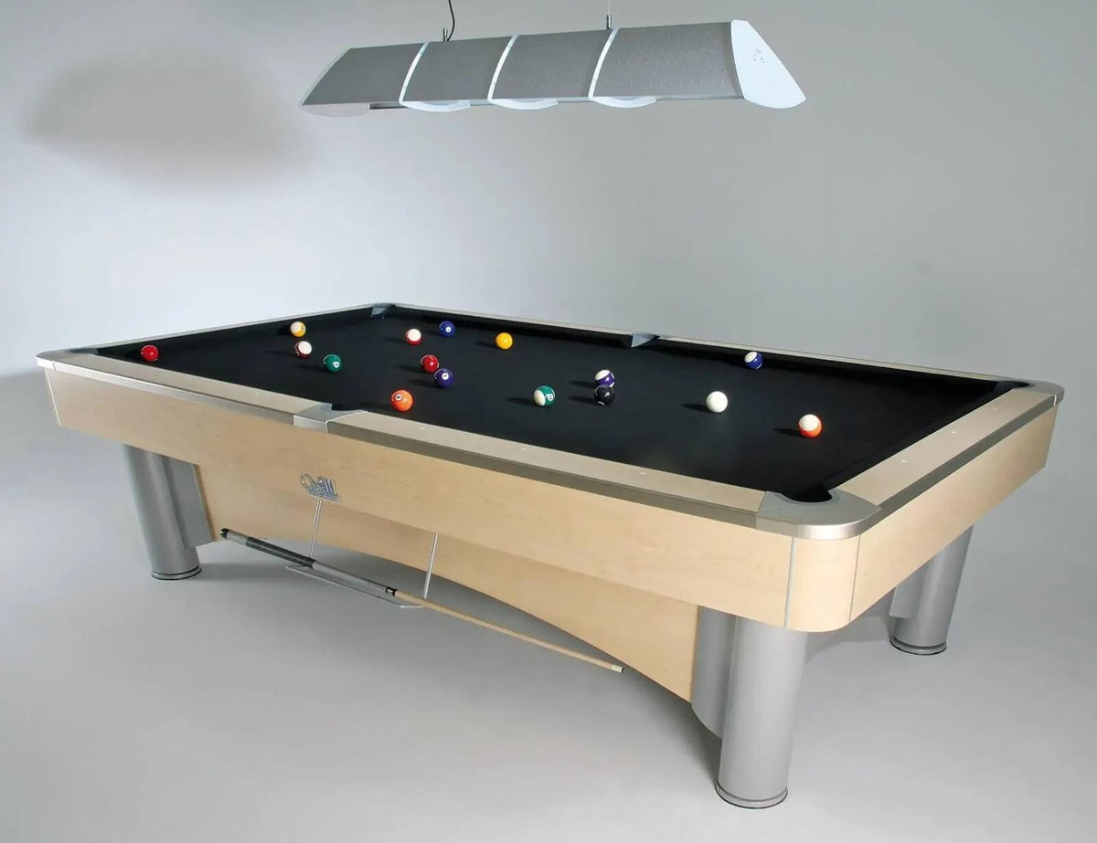 SAM K-Steel American pool table with a light wood cabinet and black cloth under a pool light