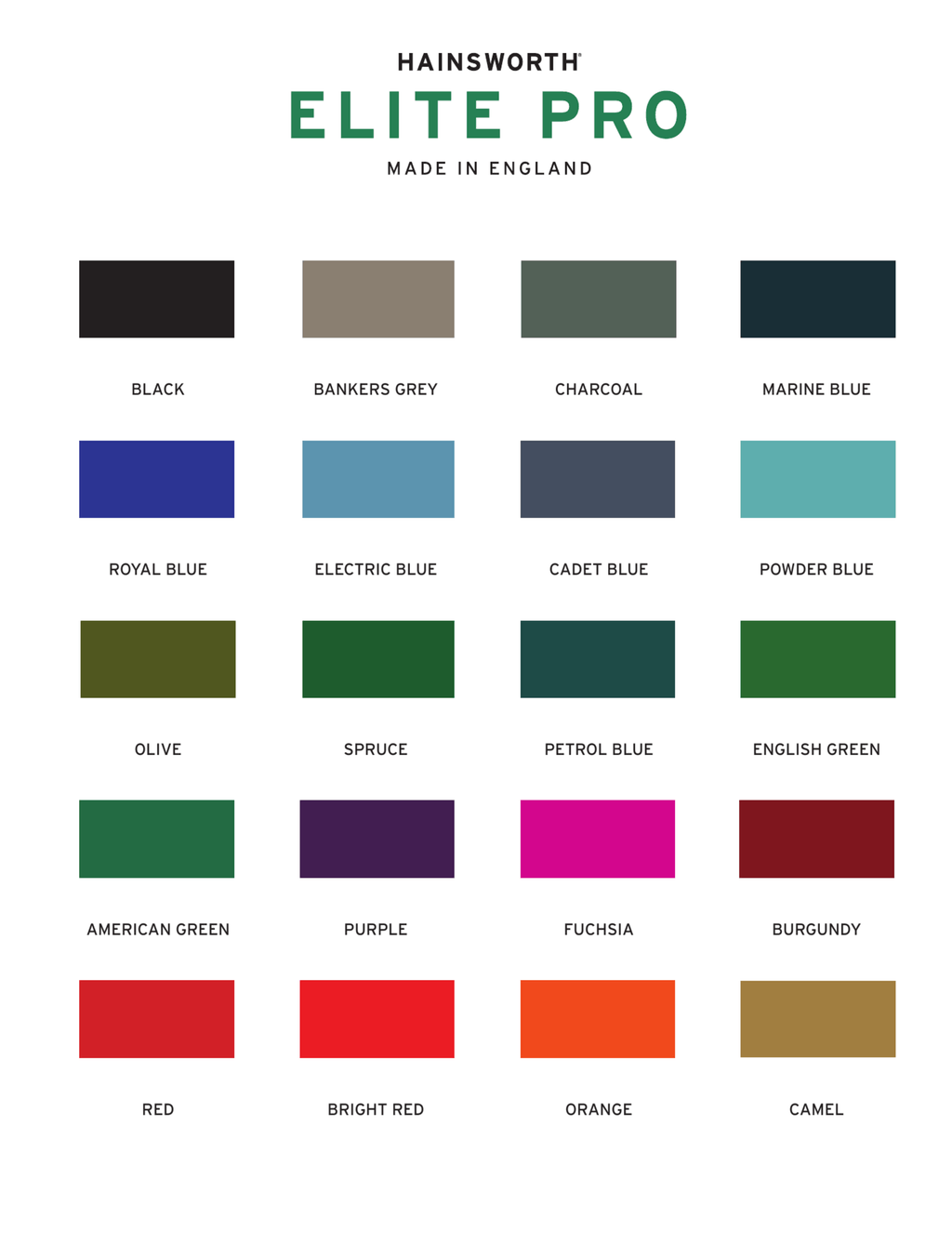Hainsworth Elite Pro American speed cloth colour swatch chart, available as a cloth upgrade