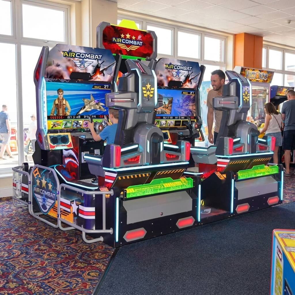 Air Combat flight simulator arcade machine in a UK seaside arcade with a child playing