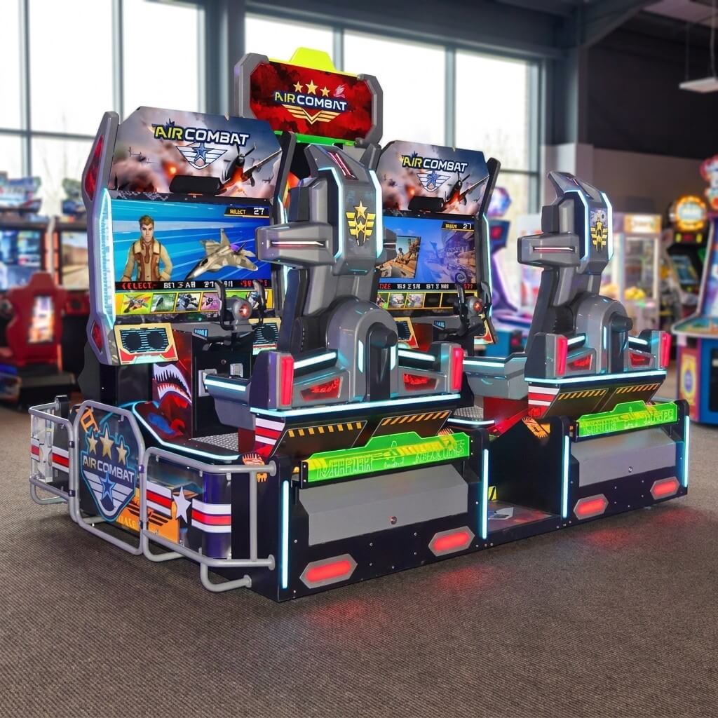 Air Combat arcade machine glowing in a family entertainment centre
