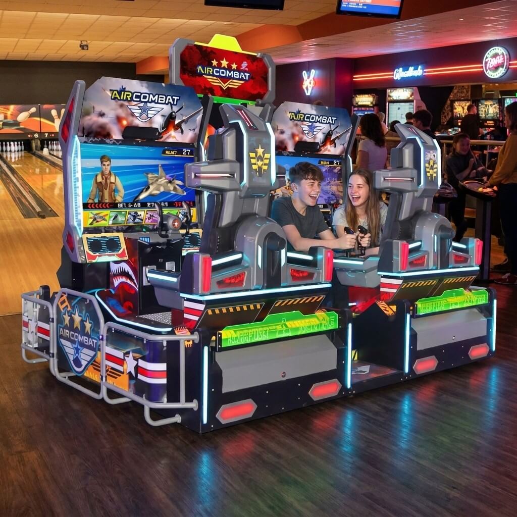 Two teenagers flying on Air Combat at a bowling alley in the evening