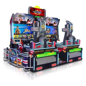 Air Combat flight simulator arcade machine with two cockpit motion seats, screens and aircraft theme