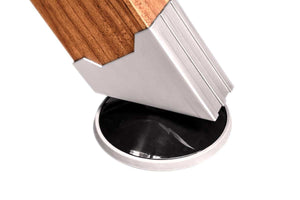 Close-up of the Dybior Blizzard's hardwood table leg and adjustable leveller foot.