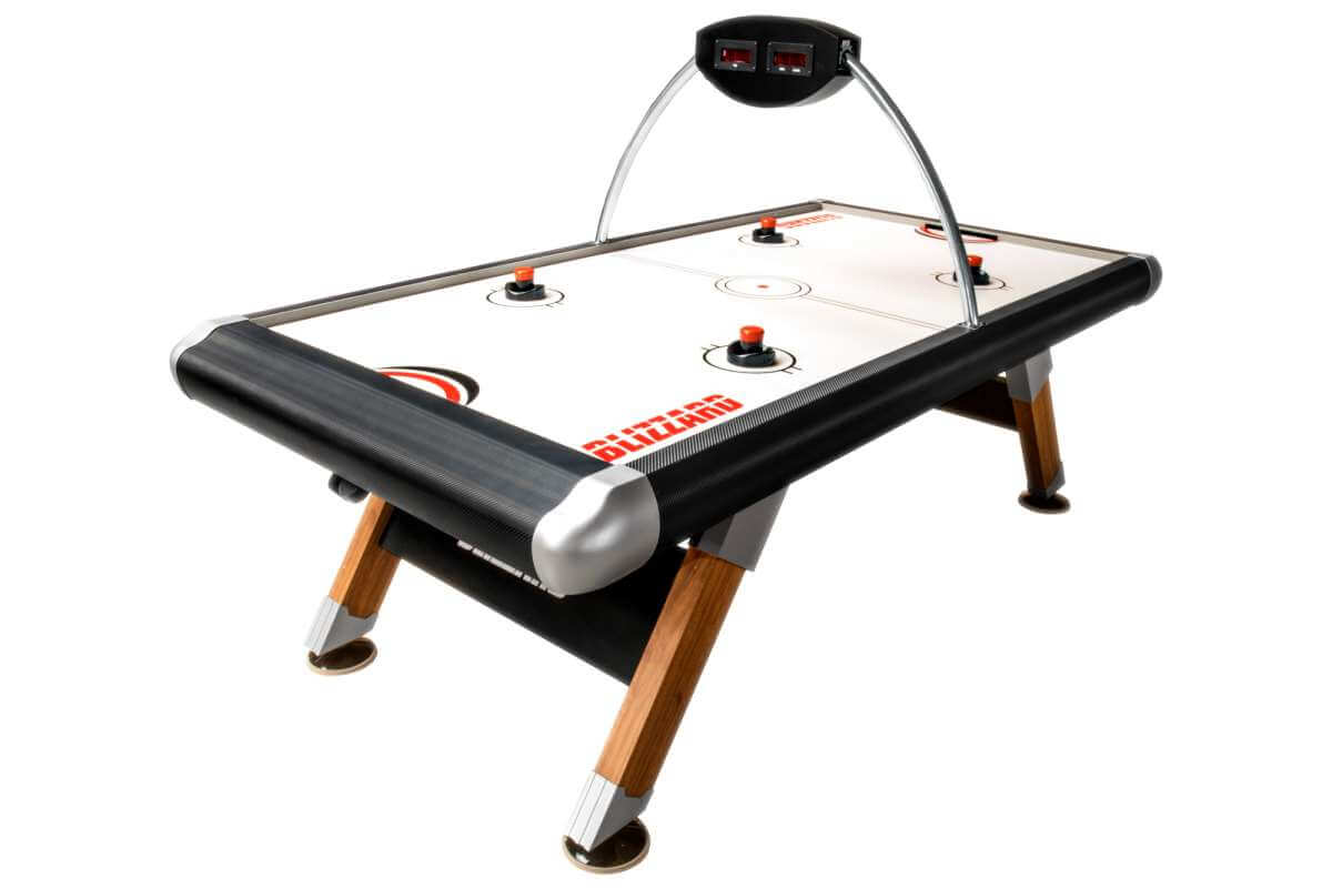 Dybior Blizzard 6ft air hockey table with hardwood legs and built-in electronic scorer, full table view.