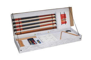 Aramith accessory pack included with the Dynamic X-Con: four two-piece cues, bridge stick, six-cue rack, triangle, chalks, ball cleaner and rule book in a presentation box