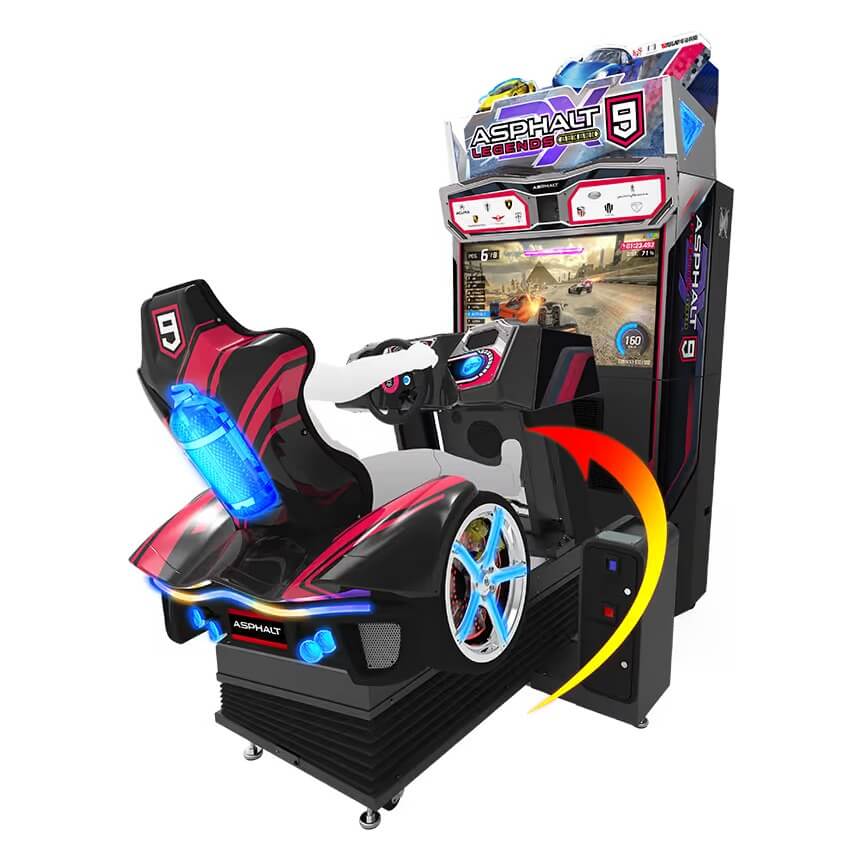 Asphalt 9 Legends DX racing arcade machine with sculpted racing seat, steering wheel and screen