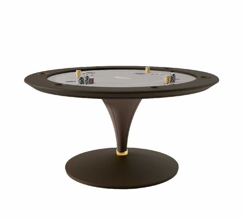 Round Asso poker table in dark brown with a leather cone base and gold trim