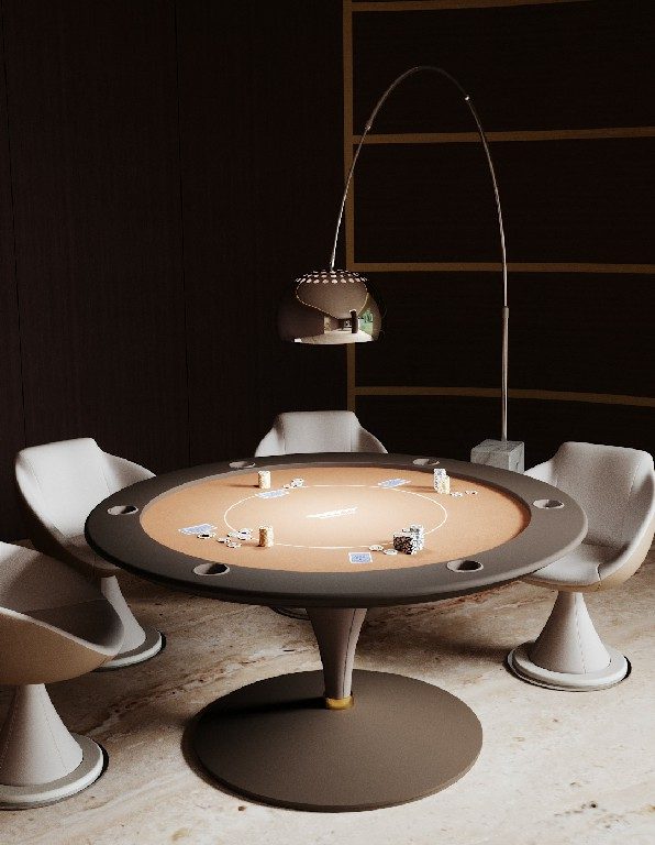 Round Asso poker table with tan cloth and a dark brown top in a modern games room with white chairs
