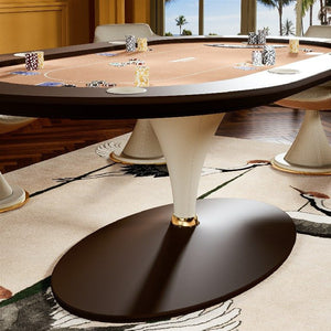 Oval Asso poker table with tan cloth, dark brown top and cream leather cone base with gold trim