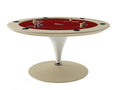 Round Asso poker table in cream lacquer with red cloth, a leather cone base and built-in cup holders