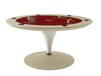 Round Asso poker table in cream lacquer with red cloth, a leather cone base and built-in cup holders