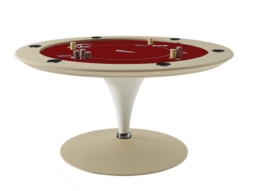 Round Asso poker table in cream lacquer with red cloth, a leather cone base and built-in cup holders