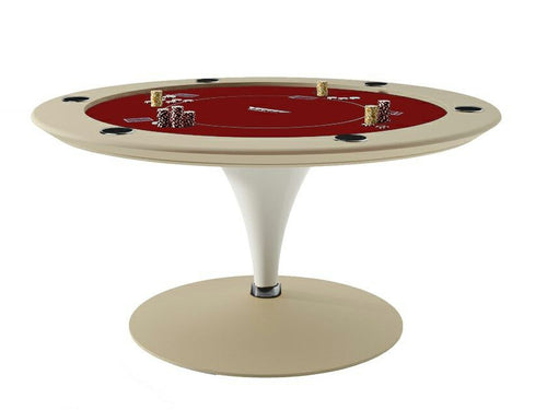 Round Asso poker table in cream lacquer with red cloth, a leather cone base and built-in cup holders