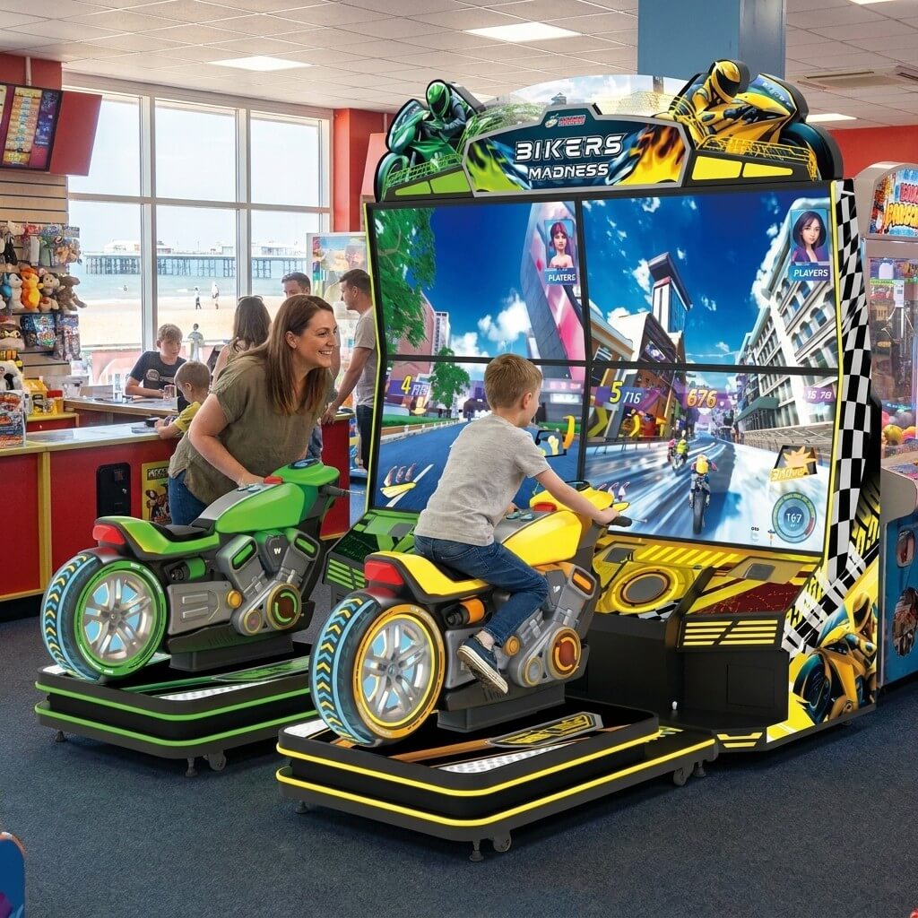 Bikers Madness motorbike arcade machine in a UK seaside arcade with a child playing while a parent watches