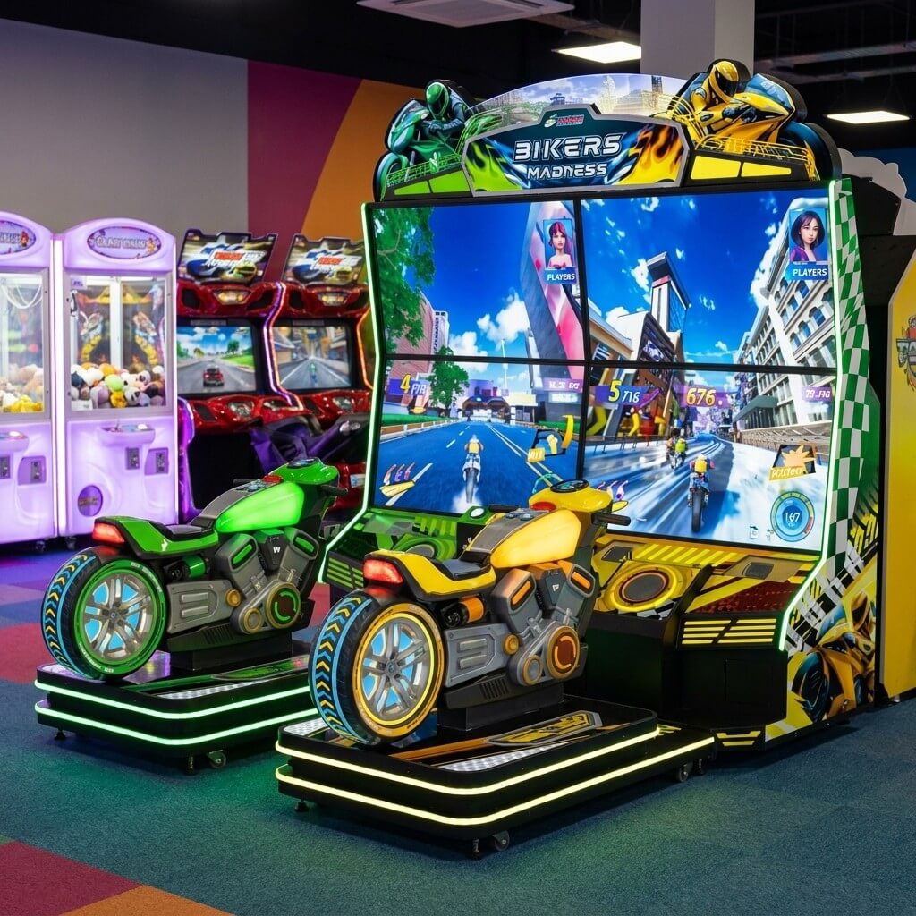 Bikers Madness motorbike arcade machine glowing in a family entertainment centre