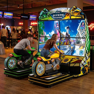 Two teenagers racing on Bikers Madness at a bowling alley in the evening