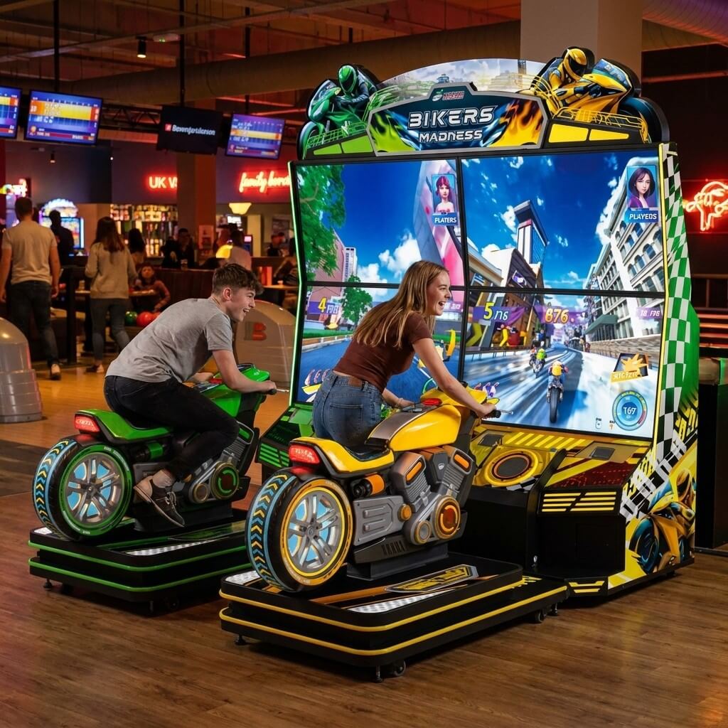 Two teenagers racing on Bikers Madness at a bowling alley in the evening