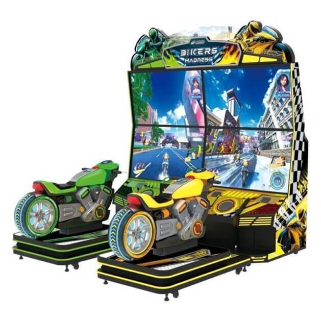 Bikers Madness two player motorbike arcade machine with green and yellow ride-on bikes and a large screen wall