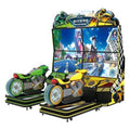 Bikers Madness two player motorbike arcade machine with green and yellow ride-on bikes and a large screen wall