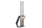 Cornilleau cue stand accessory shown beside the outdoor pool table in Charcoal Grey frame, alternate angle