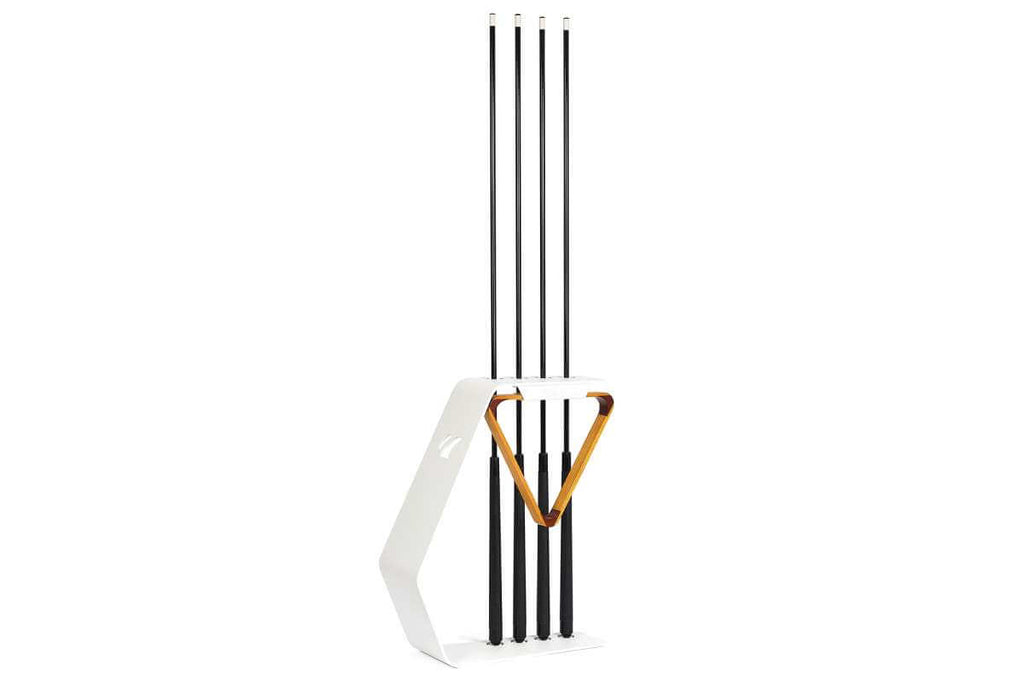 Cornilleau cue stand accessory shown beside the outdoor pool table in White frame, alternate angle