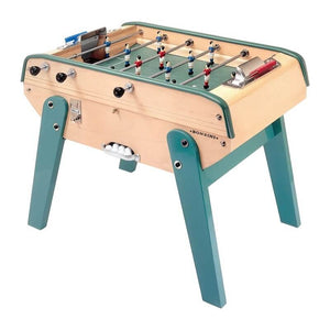 Bonzini 3-rod football table in natural beech with green legs and green rails