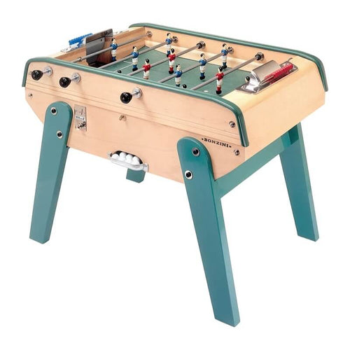 Bonzini 3-rod football table in natural beech with green legs and green rails