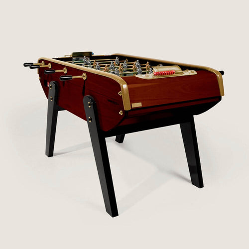 Bonzini B50 special edition football table in dark walnut with gold players and black legs