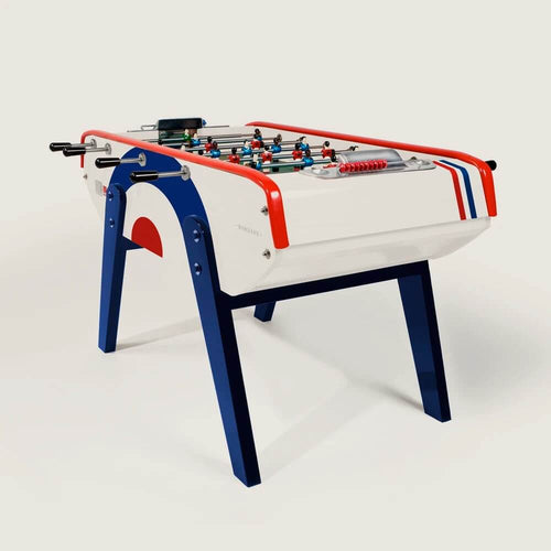 Bonzini B90 Cool Britannia football table in white with red, white and blue stripes and blue legs