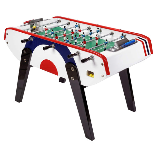 Cool Britannia B90 football table with black legs and a red, white and blue roundel on the end