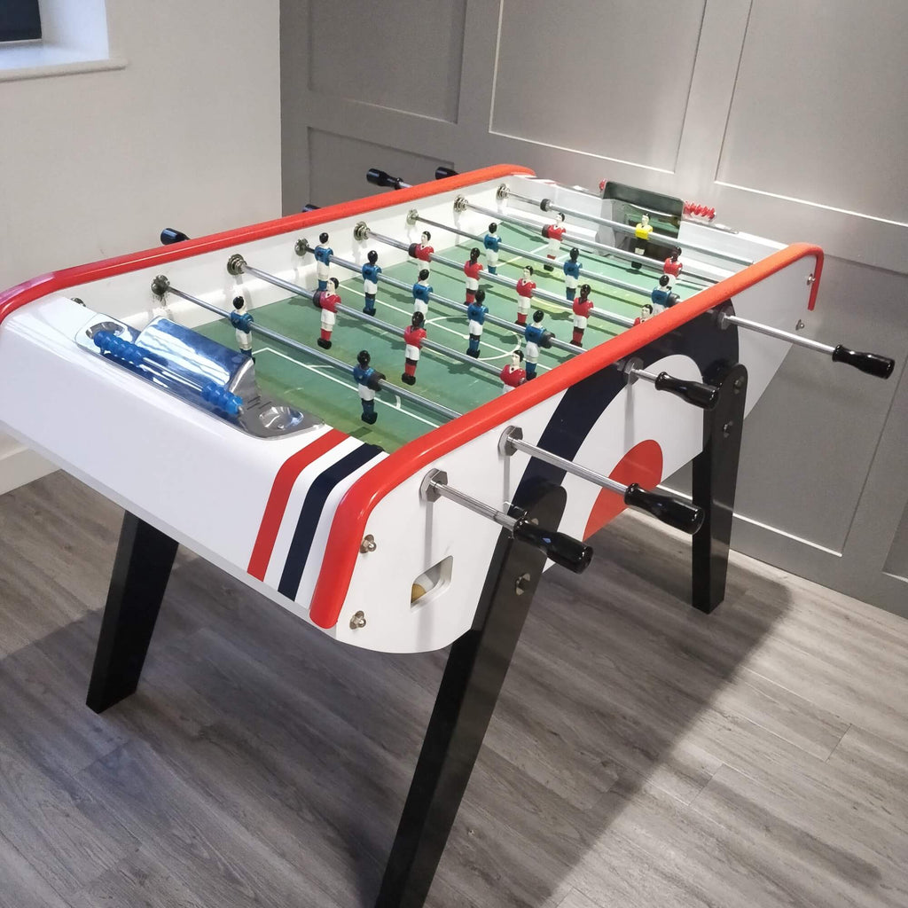 Cool Britannia B90 football table with striped white cabinet in a grey games room