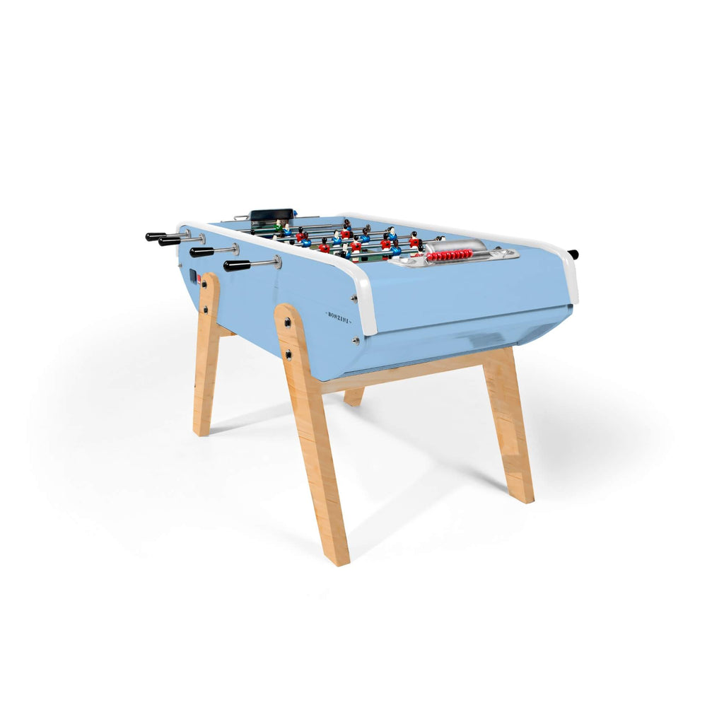 Sky blue Eames inspired B90 football table with splayed beech legs on a white background