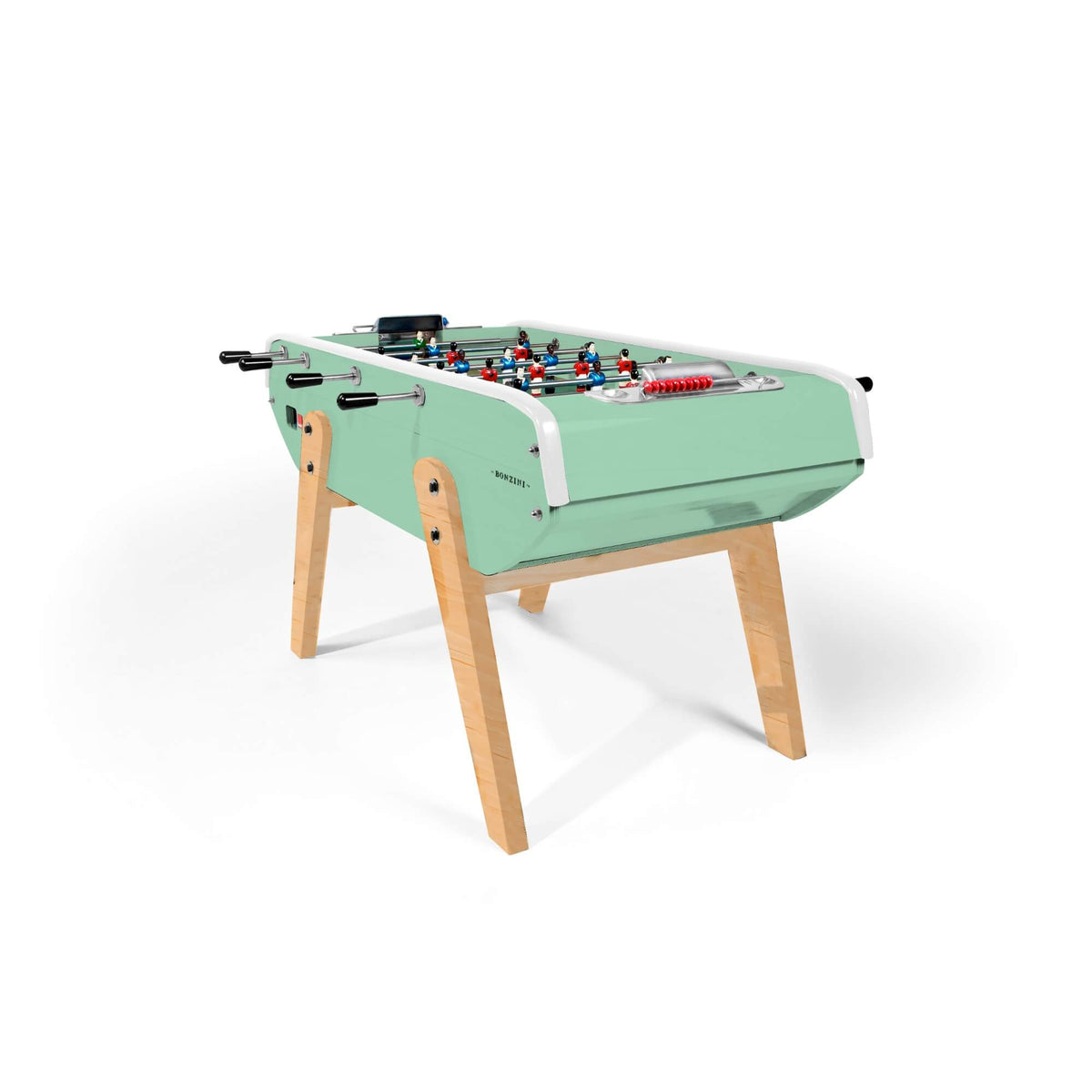 Mint green Eames inspired B90 football table with splayed beech legs on a white background