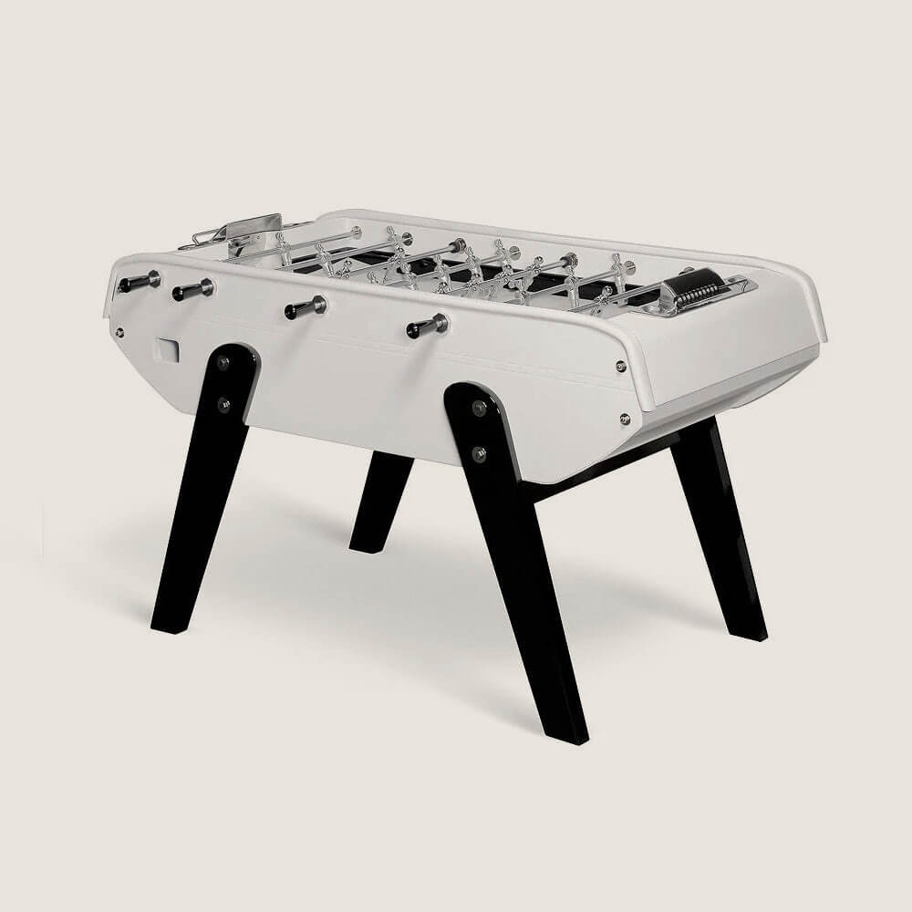 Bonzini B90 leather football table in white leather with chrome players and black legs