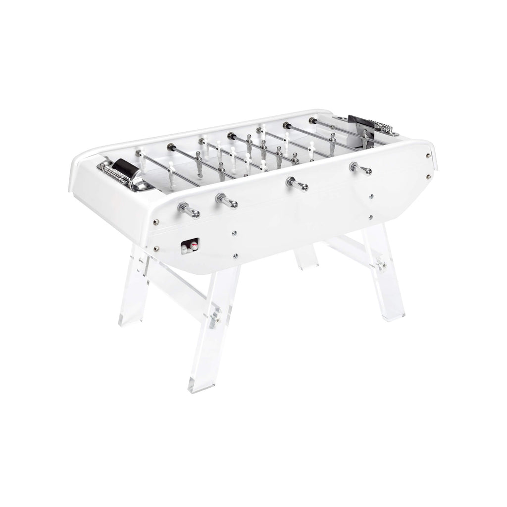 Monochrome white B90 football table with white players and clear Perspex legs