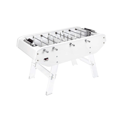 Monochrome white B90 football table with white players and clear Perspex legs