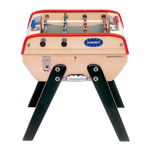 Bonzini Eurobut 2-rod mini football table in natural beech with red rails and black legs
